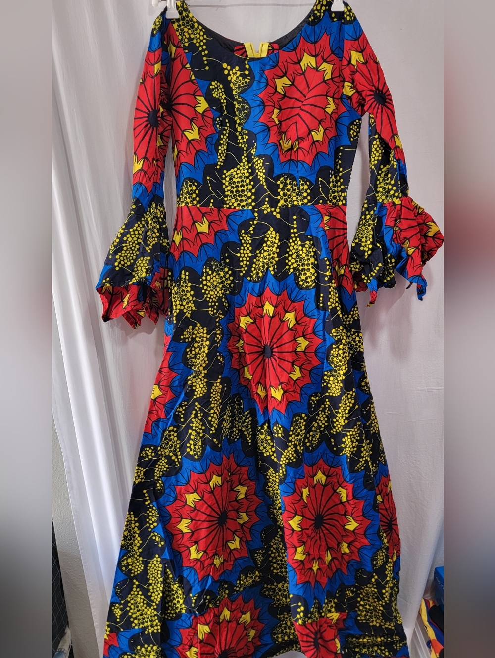 African Ankara Wax Print Maxi Dress Bell Sleeve Fit & Flare Women’s S
